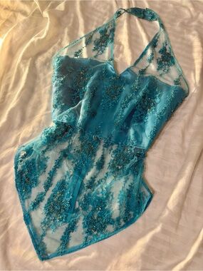 Insane Sheer Intractly Beaded Turquoise Lace Embroidered Euro Halter Top